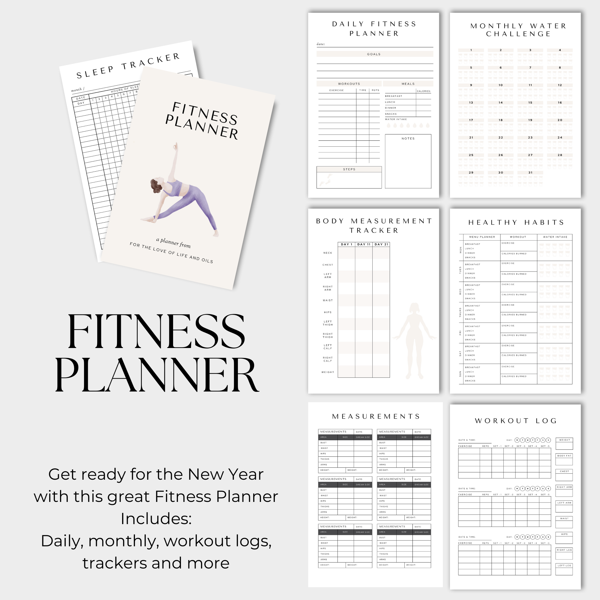 Fitness Planner, Daily Tracker, Habits Tracker, Sleep Tracker, Workout log, Meal