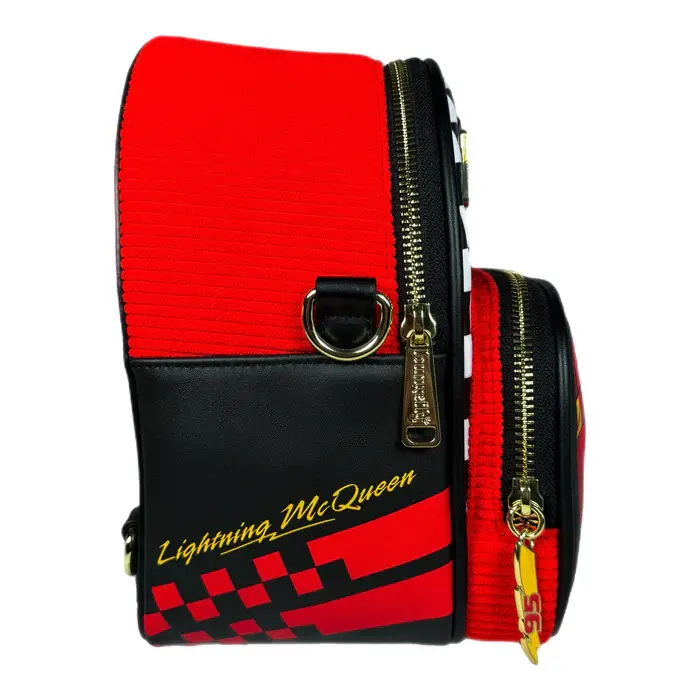 Thumbnail: Loungefly-Pixar Cars Lightning McQueen Corduroy Convertible Mini Backpack side view
