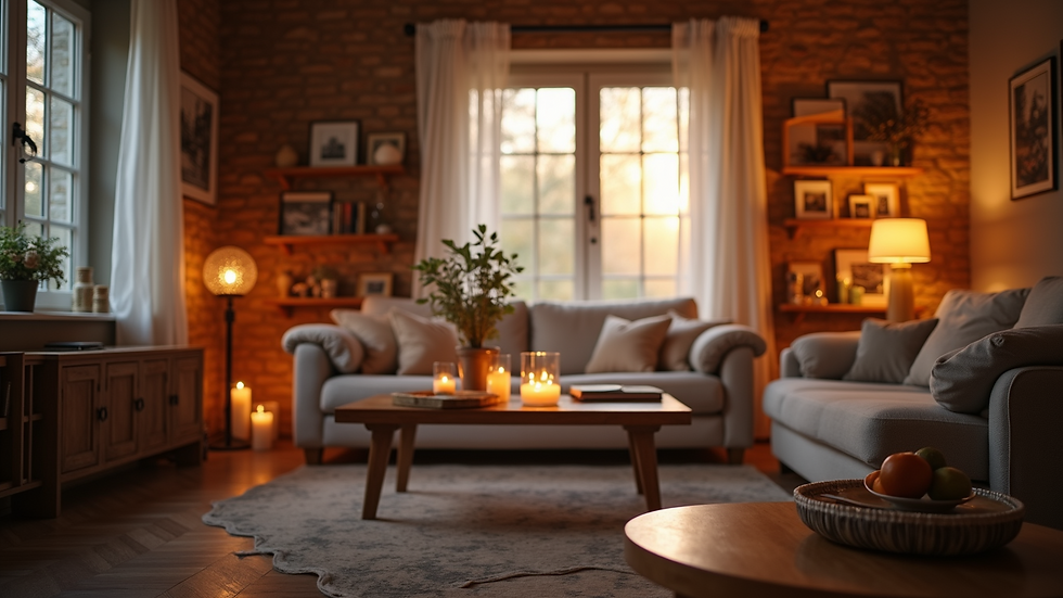 Eye-level view of a cozy living space with romantic lighting