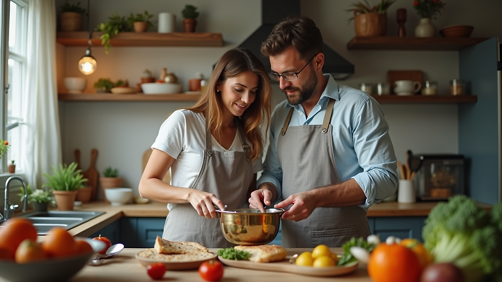 Eye-level view of a couple cooking together in a cozy kitchen