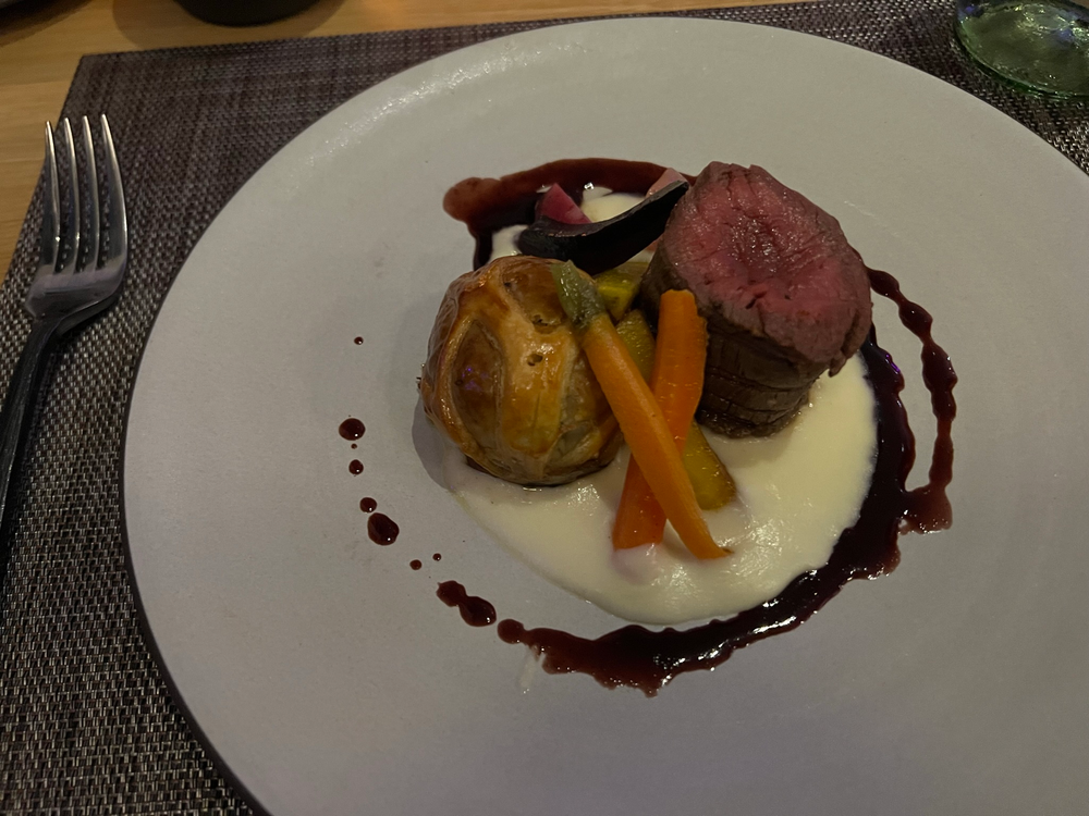 The filet mignon and mini short rib wellington Eden Celebrity Beyond