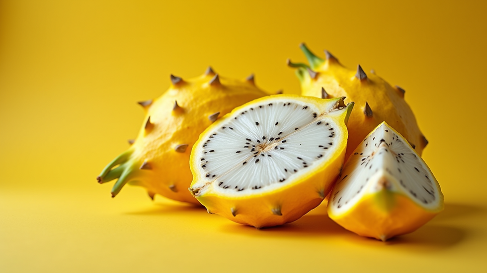 Eye-level view of whole and sliced yellow dragon fruit showing bright yellow skin and white flesh