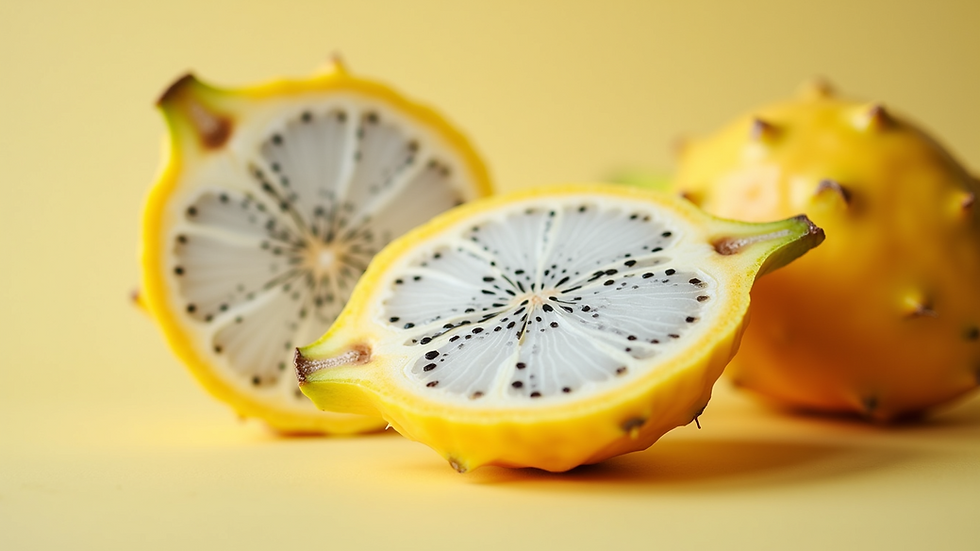 Close-up view of a sliced yellow dragon fruit highlighting its sweet white flesh