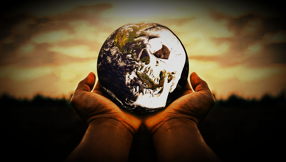 Earth with superimposed skull on it.