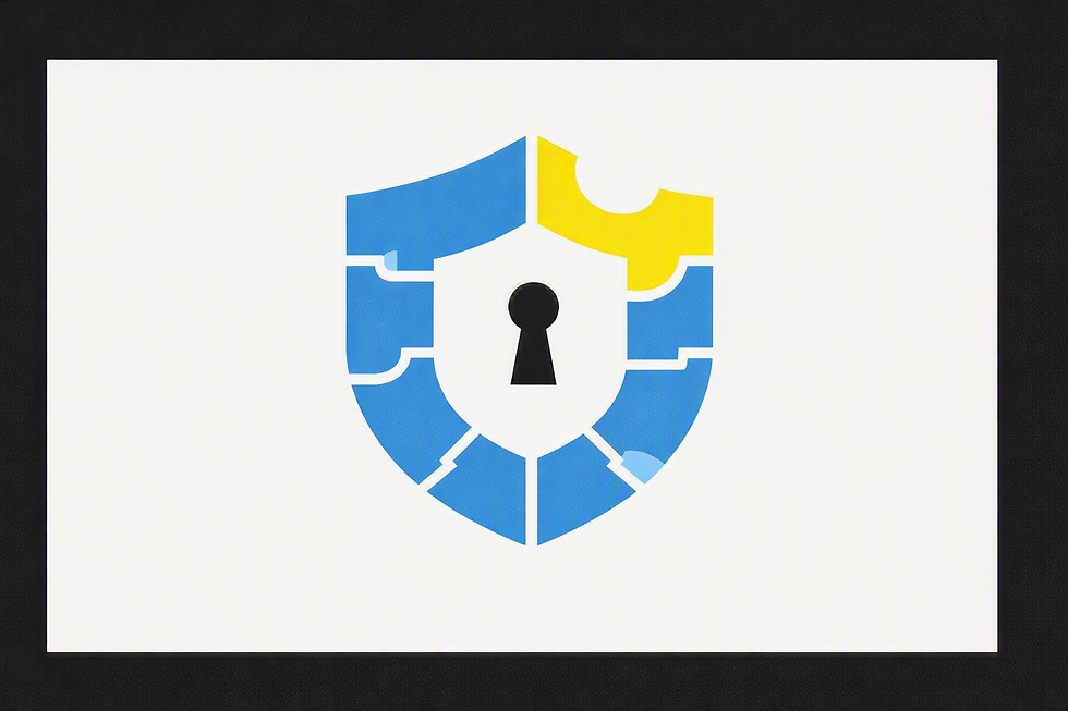 Blue and yellow shield made of puzzle pieces with a black keyhole on a white background