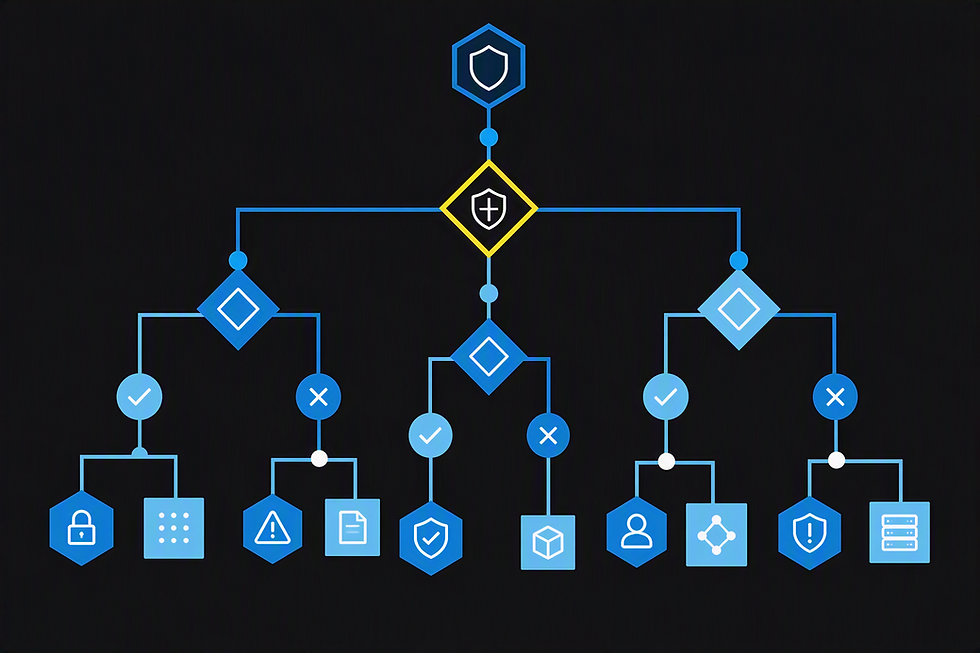 Abstract branching decision-tree network in Cloud Harbor brand colors, representing the 5 Zero Trust architecture decisions.