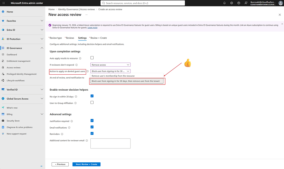 Microsoft Entra admin center access review settings page with dropdown open, highlighting block guest sign-in for 30 days then remove tenant access