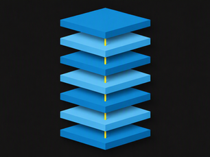 Dark abstract illustration of 7 stacked security layers linked by a saffron accent line, representing Microsoft 365 tenant architecture dependencies.