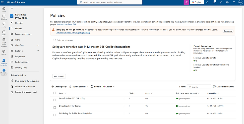 Microsoft Purview DLP dashboard shows policy management with options for data protection in Microsoft 365 Copilot. Settings menu on the left.