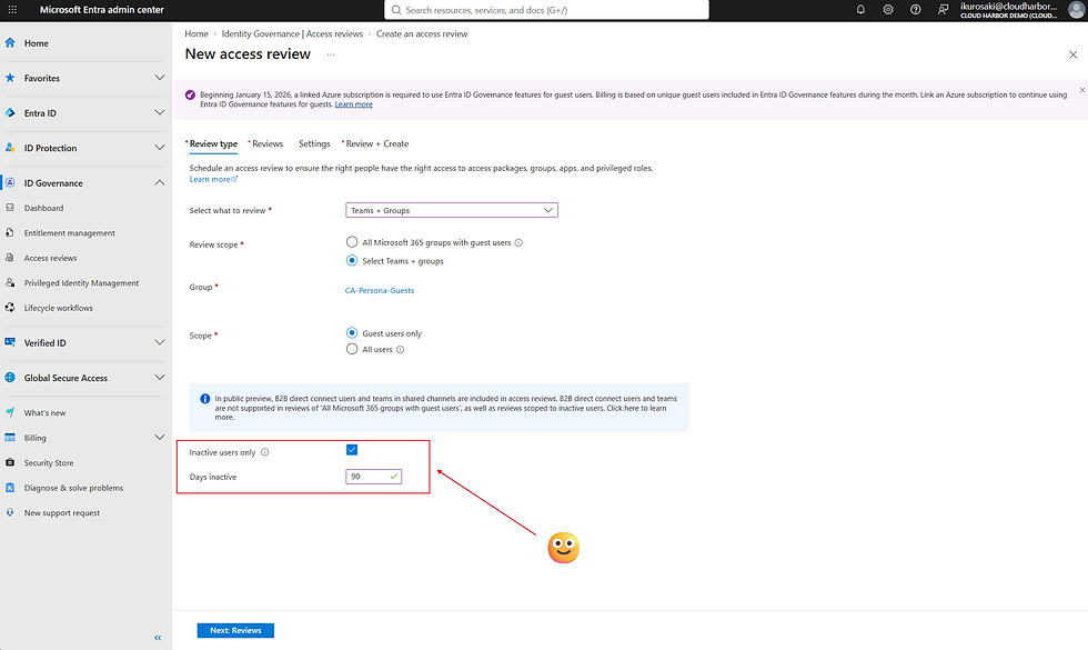Microsoft Entra admin center access review setup for Teams + Groups, guest users only, with Inactive users only checked and 90 days set