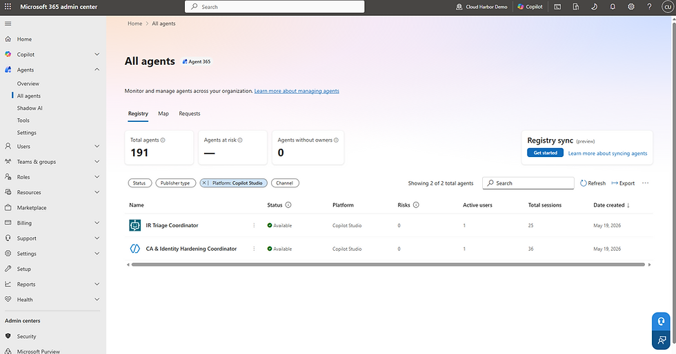 Microsoft 365 admin center All agents page showing agent stats and two Copilot Studio agents in a table.