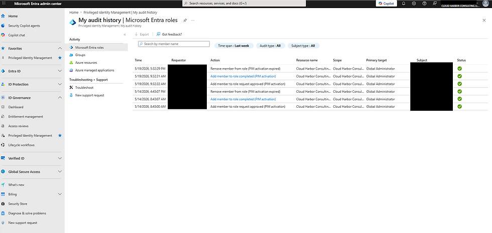 Audit history screen of Microsoft Entra roles showing actions like adding and removing members. Sidebar with navigation links on the left.