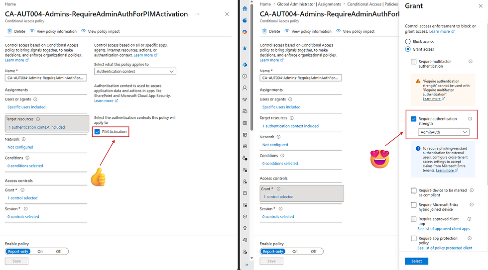 Microsoft Entra conditional access policy with PIM Activation selected and Grant access set to AdminAuth authentication strength.