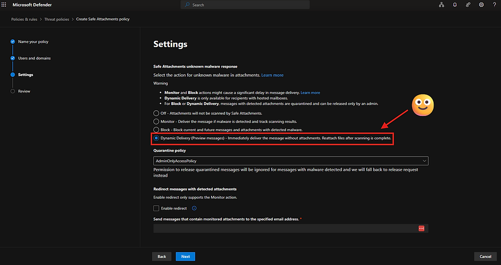 Microsoft Defender settings screen with "Dynamic Delivery" option highlighted in red. An emoji with a smiley face is pointing at the text.