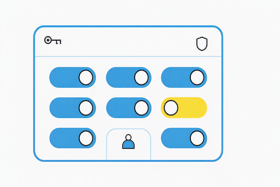 Flat illustration of an identity settings panel: rows of blue toggle switches with one switched to yellow, beside key and shield icons