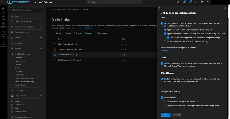 Microsoft Defender Safe links policy screen with URL and click protection settings panel, dark theme, showing checkboxes and Save/Cancel buttons