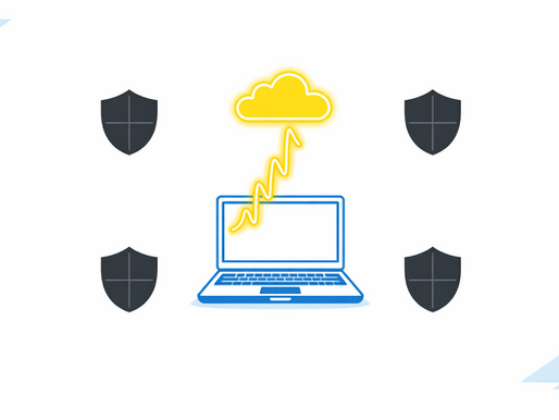 Blue laptop with telemetry signal flowing to a cloud, ringed by four unlit security shields