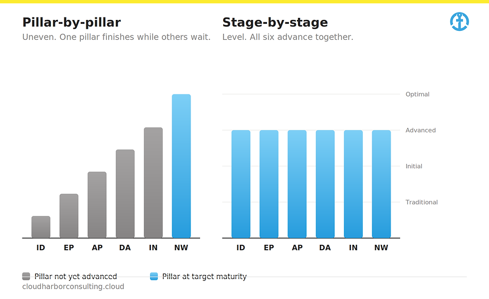Infographic comparing pillar-by-pillar and stage-by-stage bars labeled ID, EP, AP, DA, IN, NW; gray and blue maturity levels.