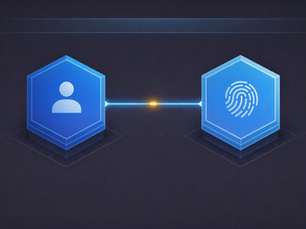 Two blue hexagonal identity badges, a person icon and a fingerprint, connected by a glowing beam with an amber node on a dark background.