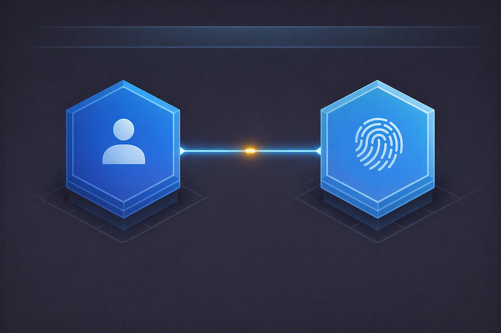 Two blue hexagonal identity badges, a person icon and a fingerprint, connected by a glowing beam with an amber node on a dark background.