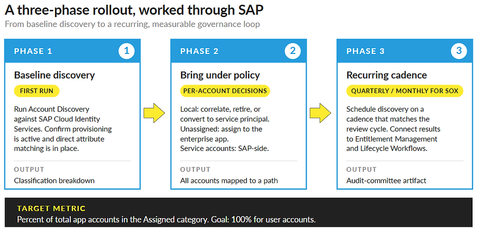 Three-phase SAP rollout: Phase 1-Baseline discovery, Phase 2-Policy decisions, Phase 3-Recurring cadence. Goal: 100% account assignment.