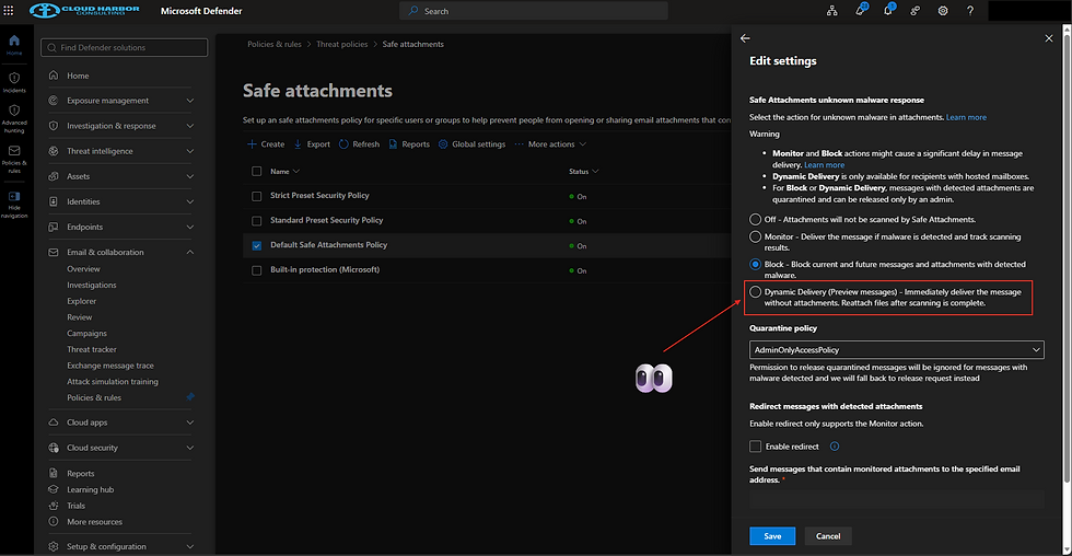 Microsoft Defender Safe attachments policy screen with edit settings panel showing Block selected and Dynamic Delivery highlighted.