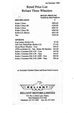 Prijslijst Rialto & Robin 1991
