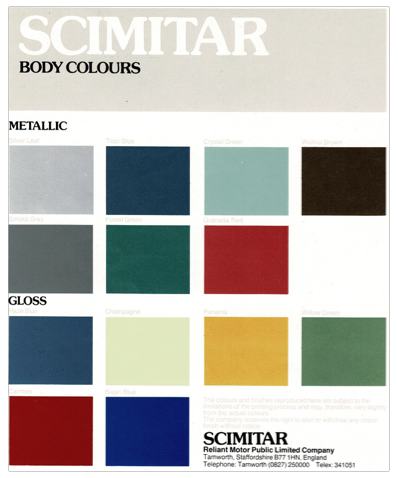 Brochure Reliant Scimitar GTE & GTC body colours 1985