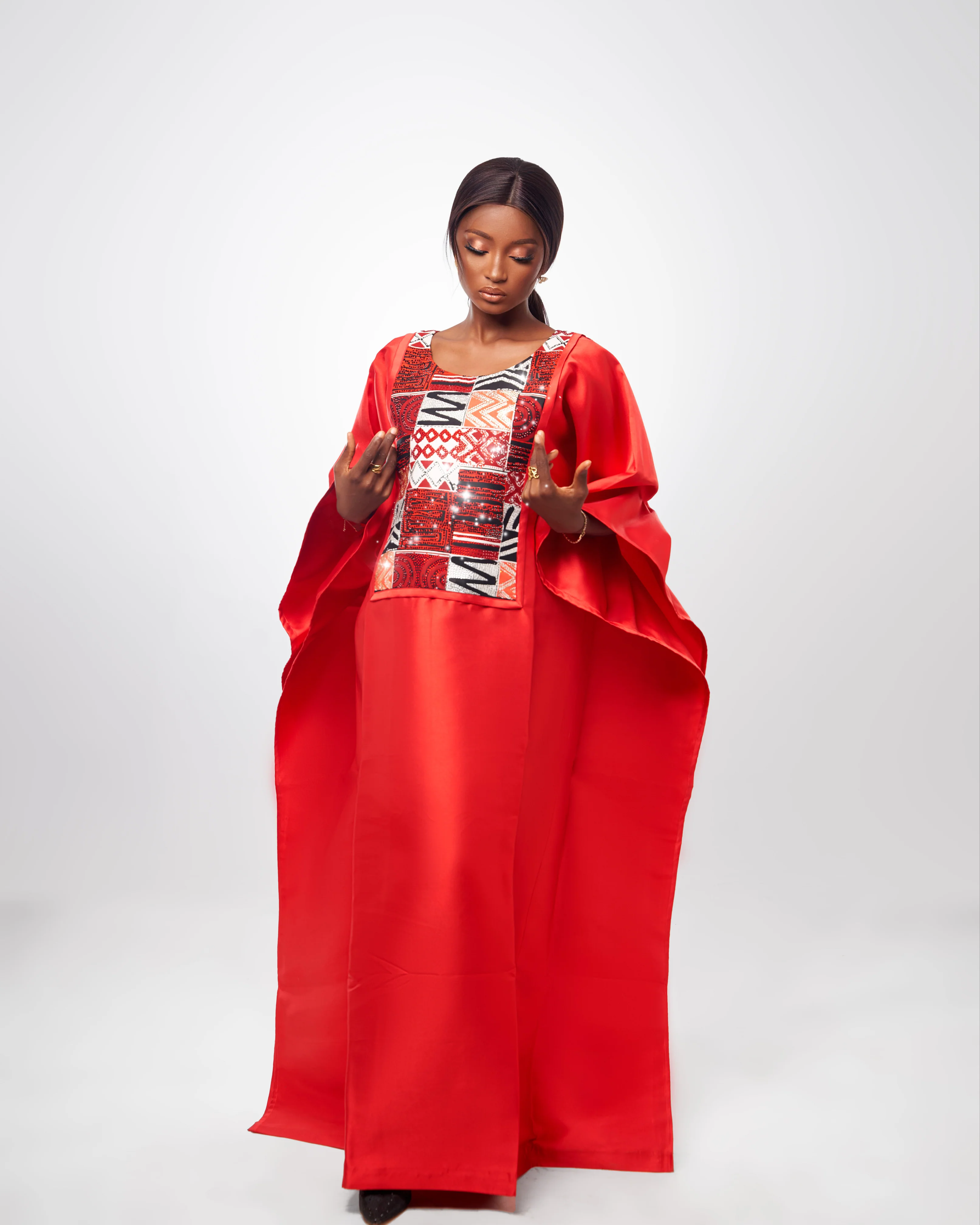 Eloli's Red Satin and African Print Jewelled Dress Boubou design