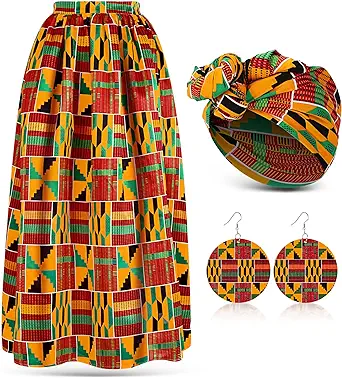 Kente Long Skirt, Head wrap, Earrings set