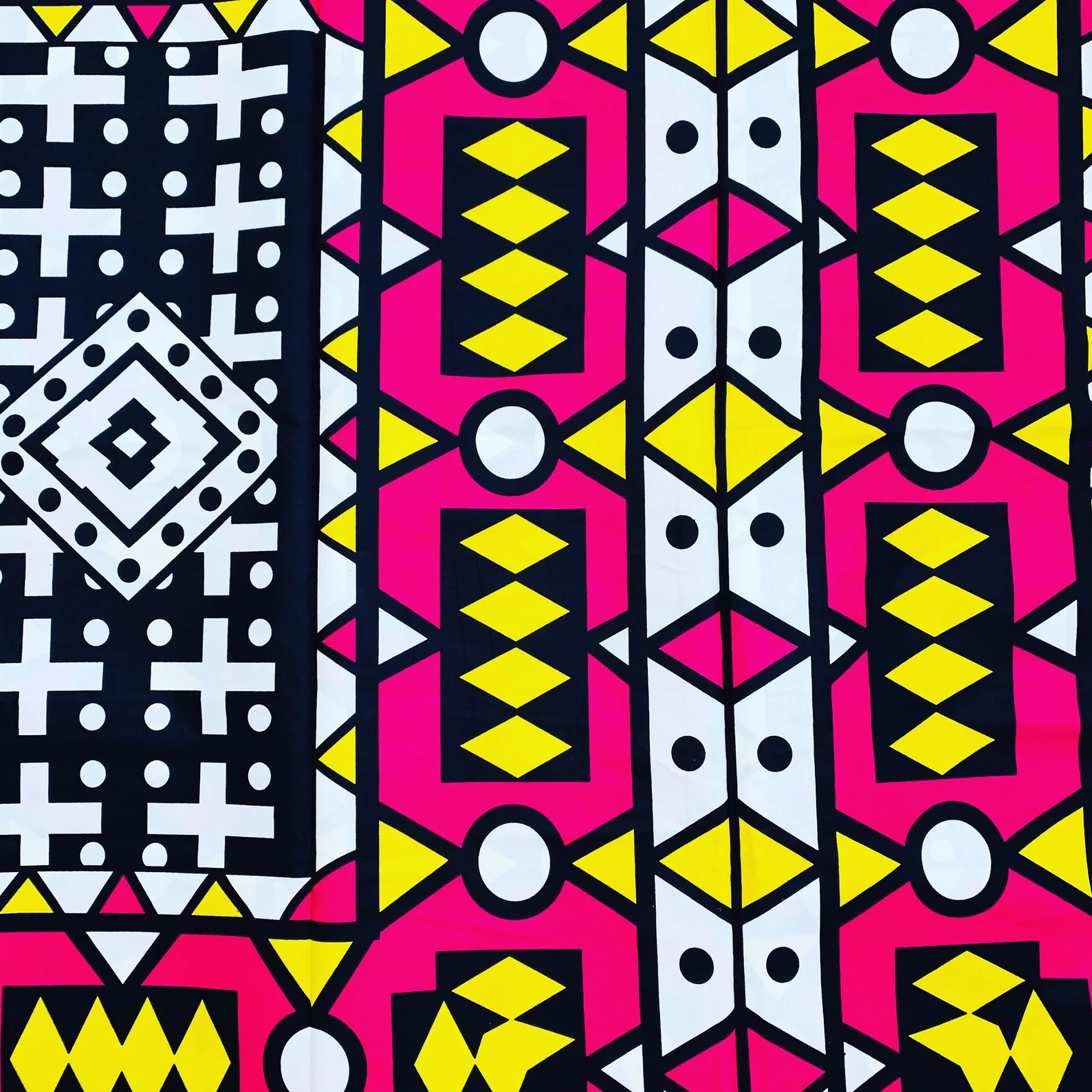 Lively blend of pink, white, yellow, and black Samakaka Cloth