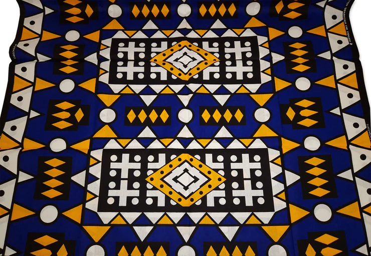 Striking blue, paired with yellow, white, and black Samakaka Cloth