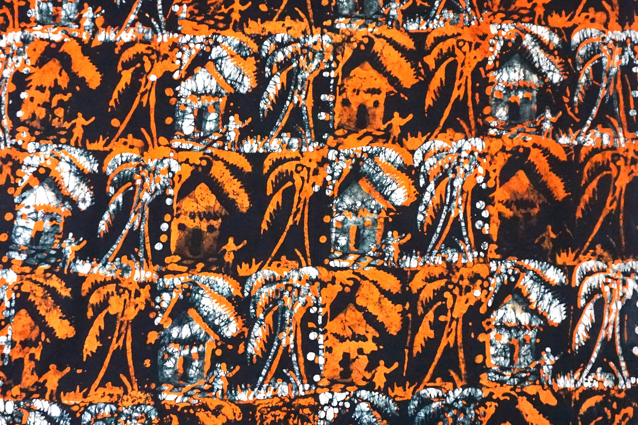 Gara fabric with orange, black and white trees