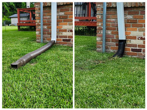 Before and after of buried gutter downspout with underground drainage installed in Pine Bluff, Arkansas by Meticulous Landscapes.
