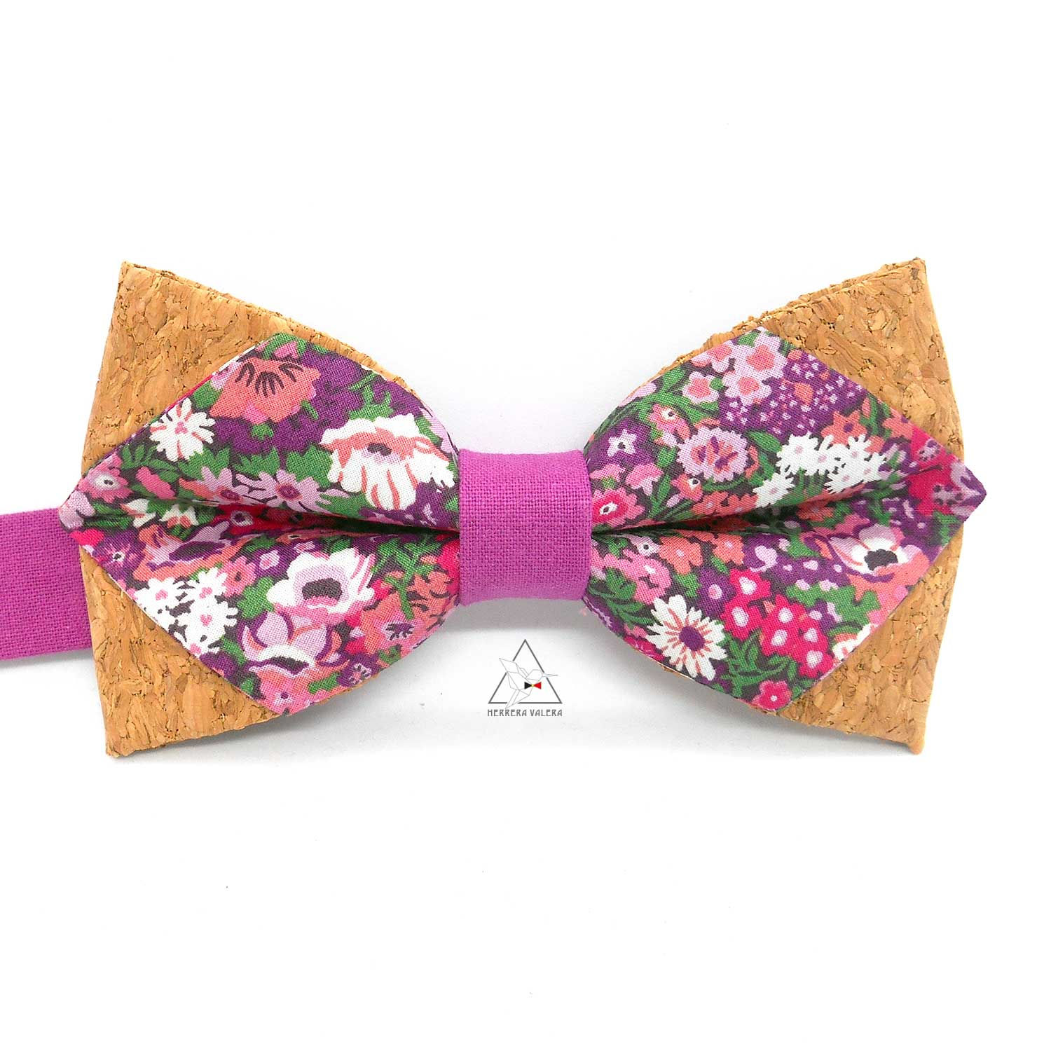 Noeud papillon pointu avec du liège et du tissu Liberty dans les tons de violet