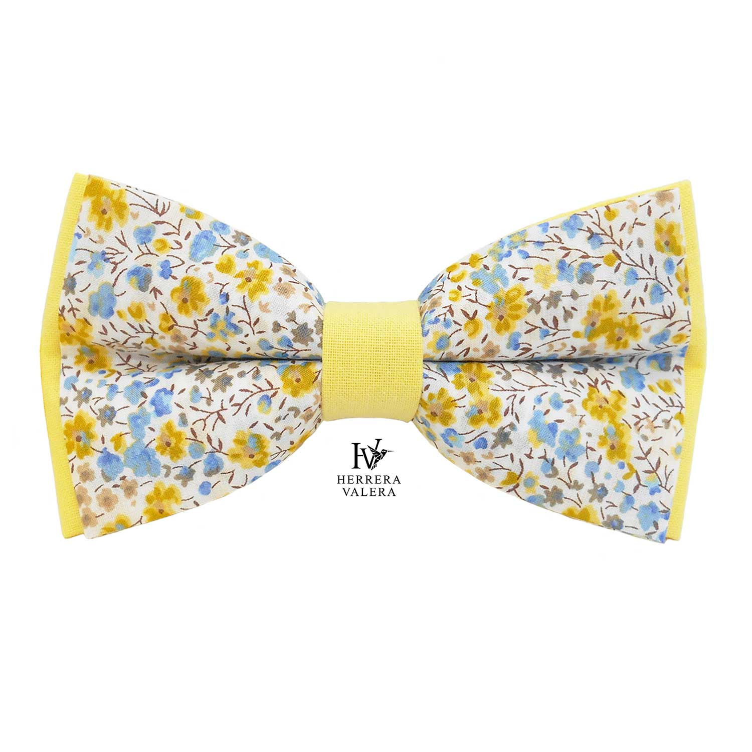 Noeud papillon de forme battoir avec l'arrière jaune poussin et tissu liberty fleuri jaune et bleu