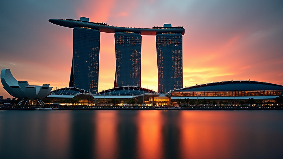 Eye-level view of the iconic Marina Bay Sands hotel at sunset