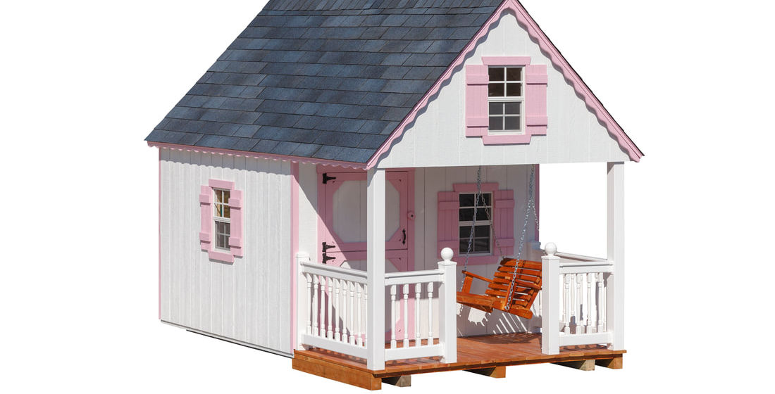Cabin Playhouse with Porch Swing White and Pink