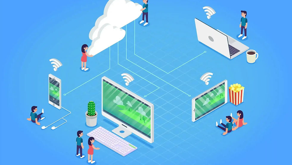Ilustrasi 3D isometrik jaringan komputer dengan awan sebagai cloud, menghubungkan laptop, smartphone, dan monitor yang digunakan orang-orang.