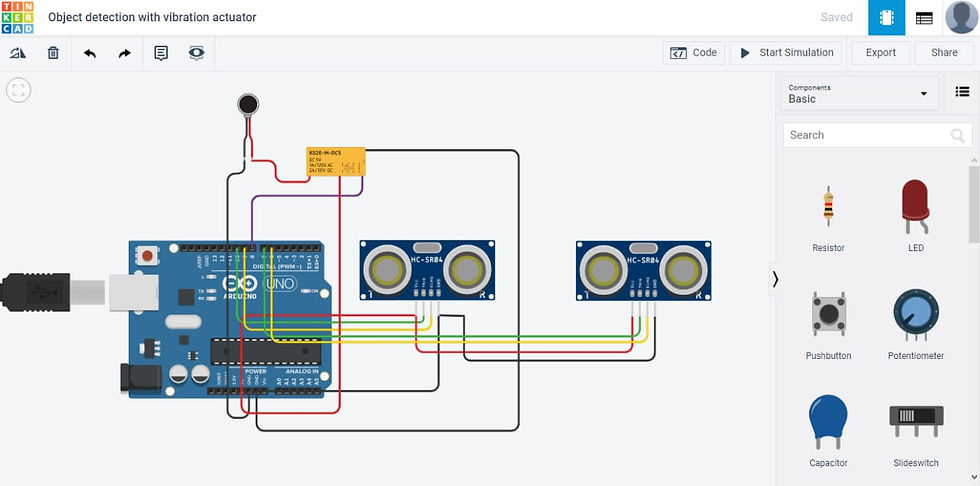 Simulasi Tinkercad tentang deteksi objek menggunakan Arduino Uno, dua sensor ultrasonik, dan sebuah motor getar.