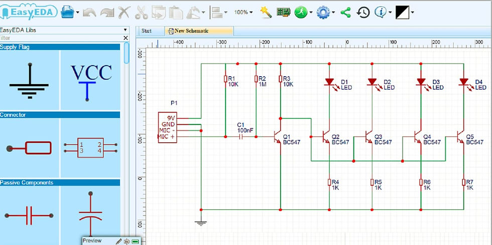 Skema rangkaian elektronik penggerak LED yang dikontrol suara menggunakan transistor BC547 dan mikrofon, dibuat di EasyEDA.