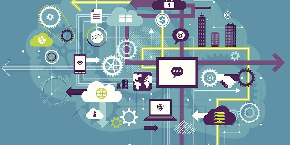 Ilustrasi digital teknologi dan komunikasi dengan ikon cloud computing, keamanan data, dan konektivitas internet