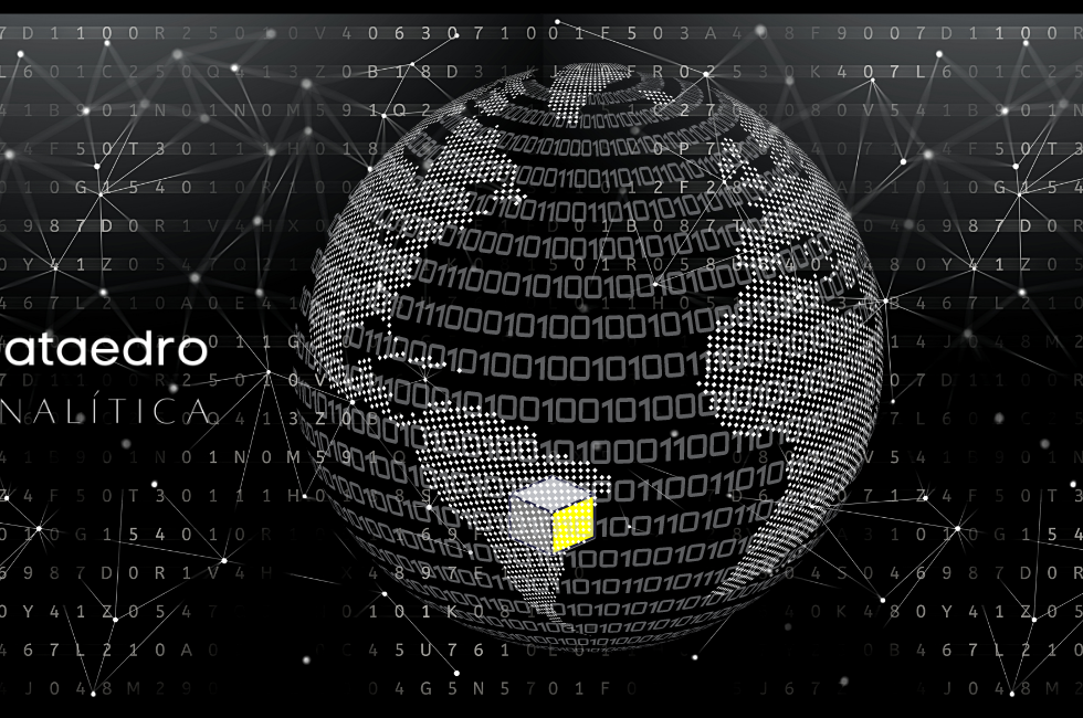 Logo Dataedro - imagem de um globo terrestre binário, sobre um fundo de caracteres aleatórios