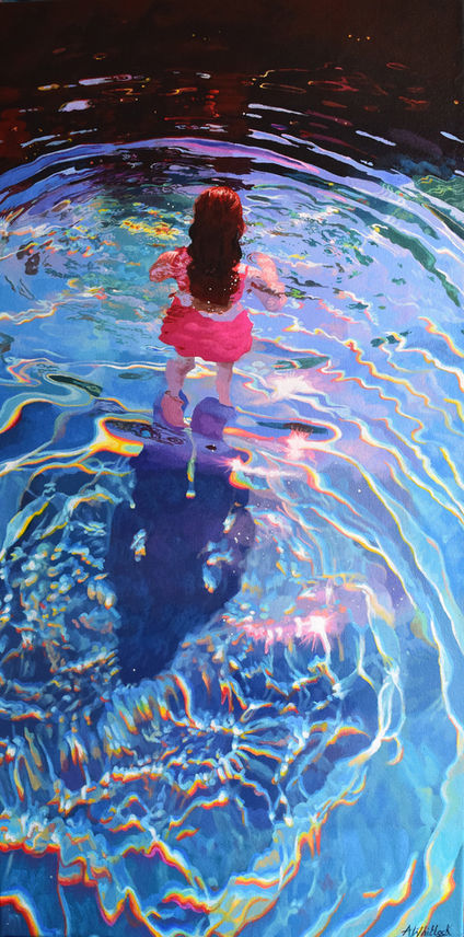 Acrylic painting of a swimmer in a pool surrounded by brightly colored rainbows of light.