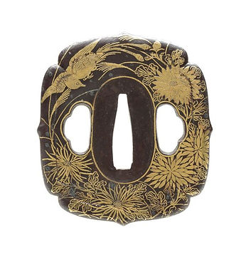 菊花に蝶・山鵲図鍔（鐔）　無銘　京正阿弥