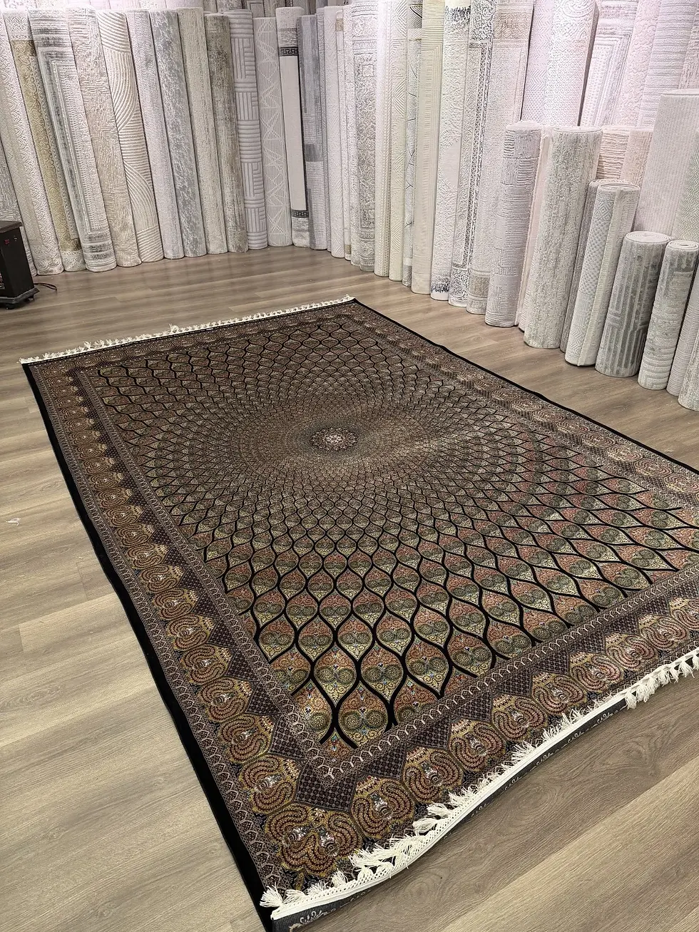 Thumbnail: 7x10 Black Gold Rug- raditional Handmade fringe