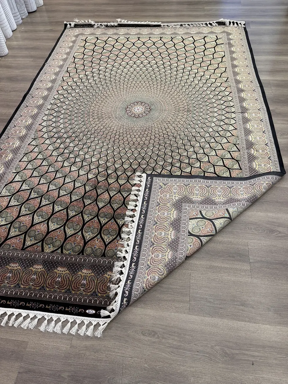 Thumbnail: 7x10 Black Gold Rug- raditional Handmade fringe