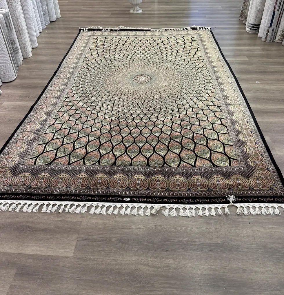 Thumbnail: 7x10 Black Gold Rug- raditional Handmade fringe