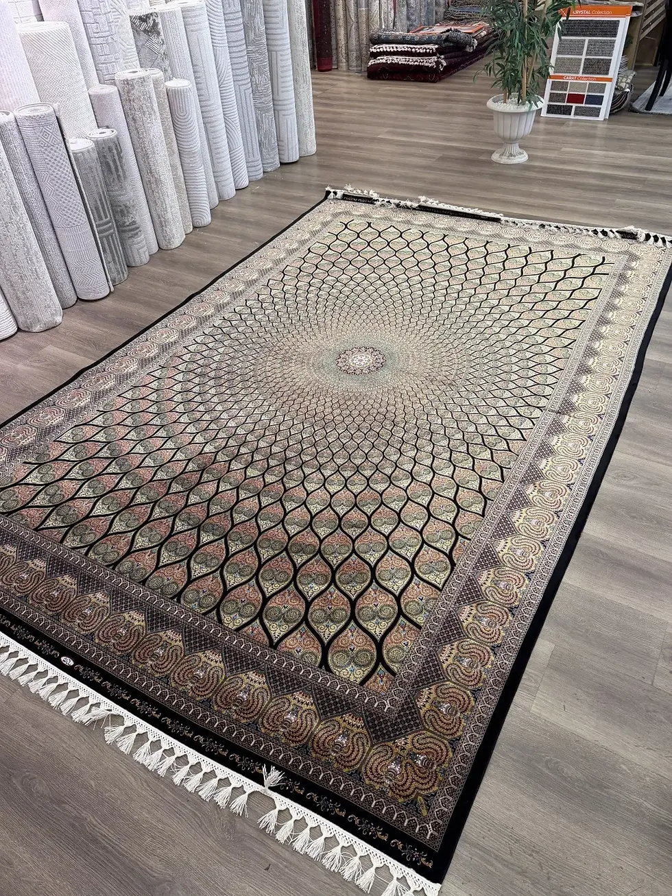 Thumbnail: 7x10 Black Gold Rug- raditional Handmade fringe