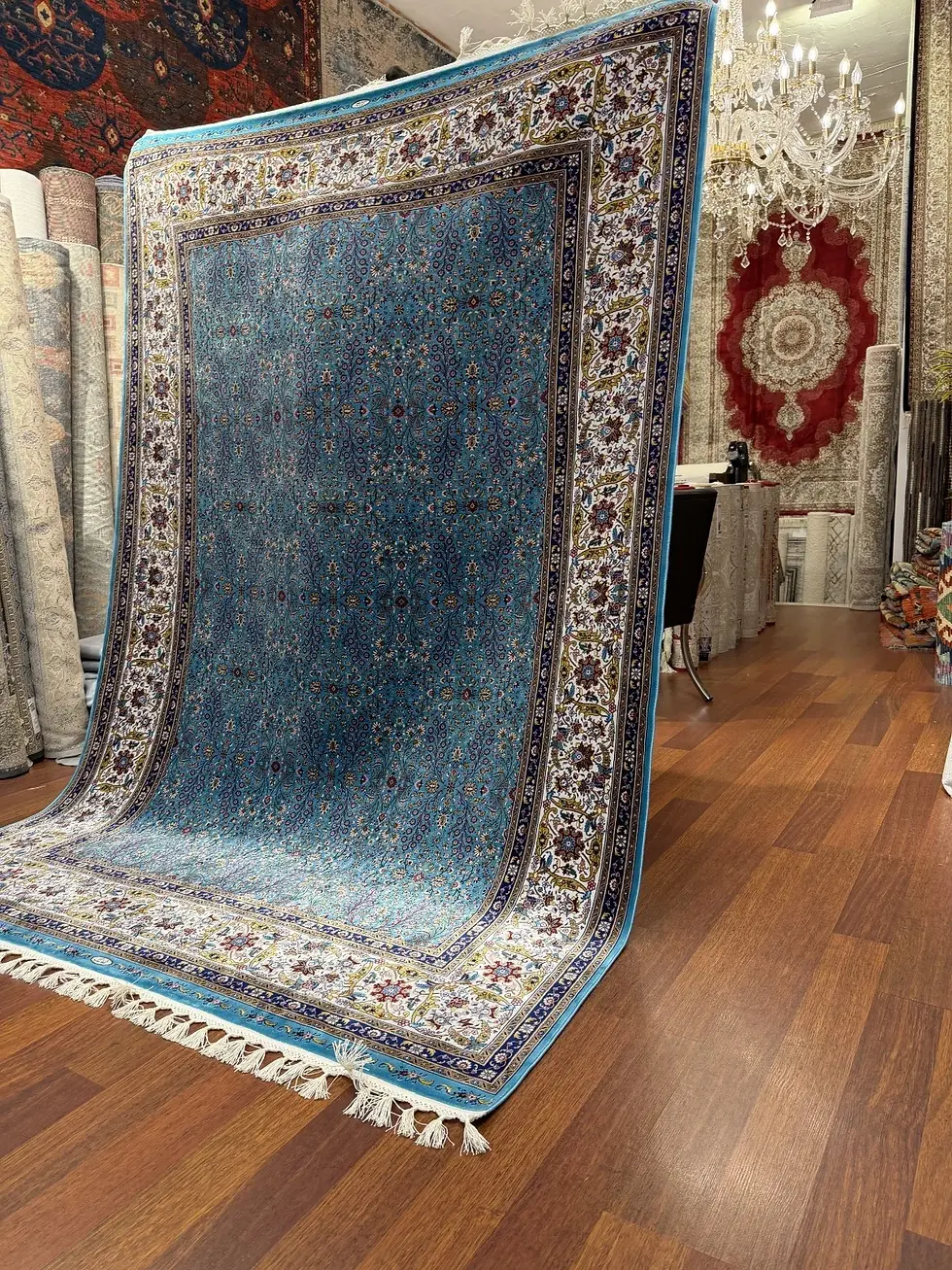 Thumbnail: Blue Turkish Silk Rug 7x10 ft Fringed